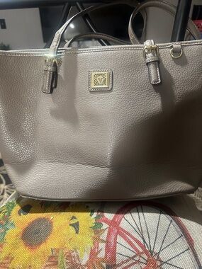 Anne Klein Taupe Pebbled Leather Tote with Gold Logo